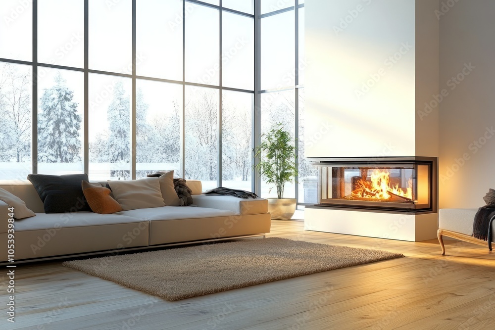 Cozy Winter Living Room with Modern Fireplace Cozy Winter Living Room with Modern Fireplace