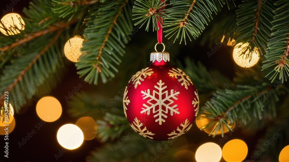 Obraz premium A red Christmas ornament with gold snowflake designs hangs on a green tree, surrounded by warm glowing lights and pine branches.