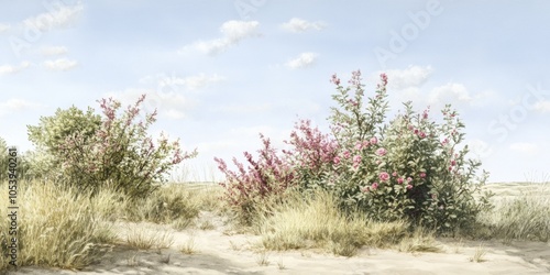 An planting ensemble of Ligustrum vulgare, Salix repens, Rhamnus frangula, Rosa spinosissima, Rosa rubiginosa and Hylotelephium telephium in a Dutch dune landscape photo