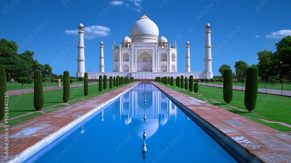 Fototapeta premium Taj Mahal Through Arches with Reflective Pool