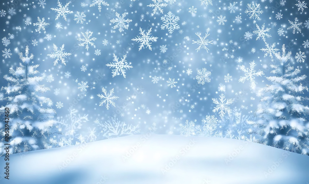 Naklejka premium A serene winter landscape with snowflakes and pine trees, evoking a tranquil, festive mood.