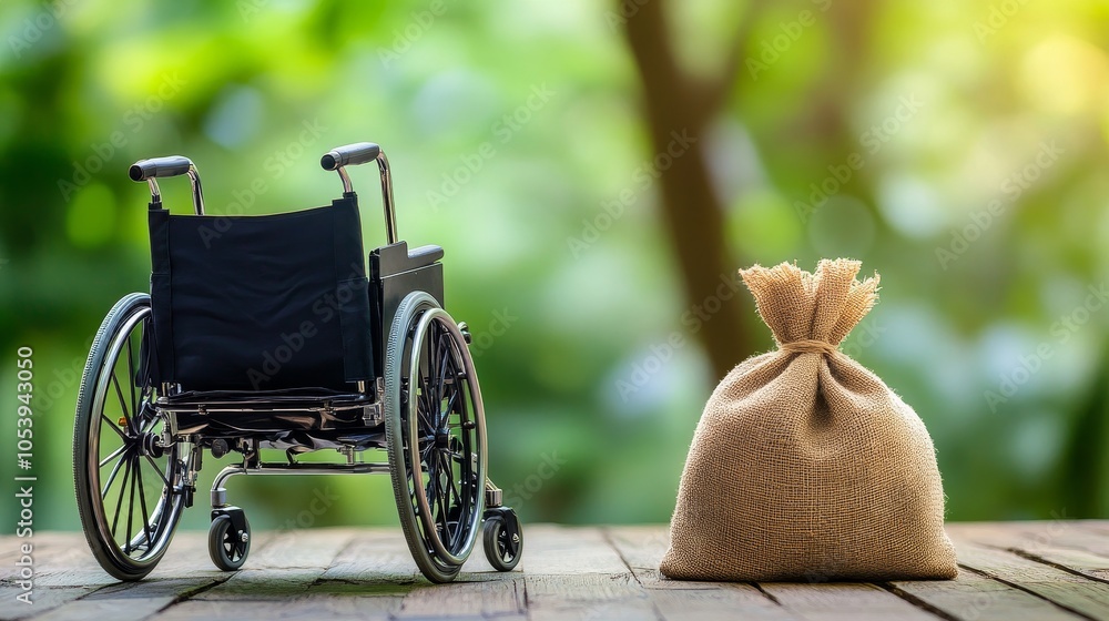 Fototapeta premium A wheelchair alongside a money bag on a natural green background, emphasizing the importance of saving for mutual funds and retirement for individuals with disabilities and ensuring financial security