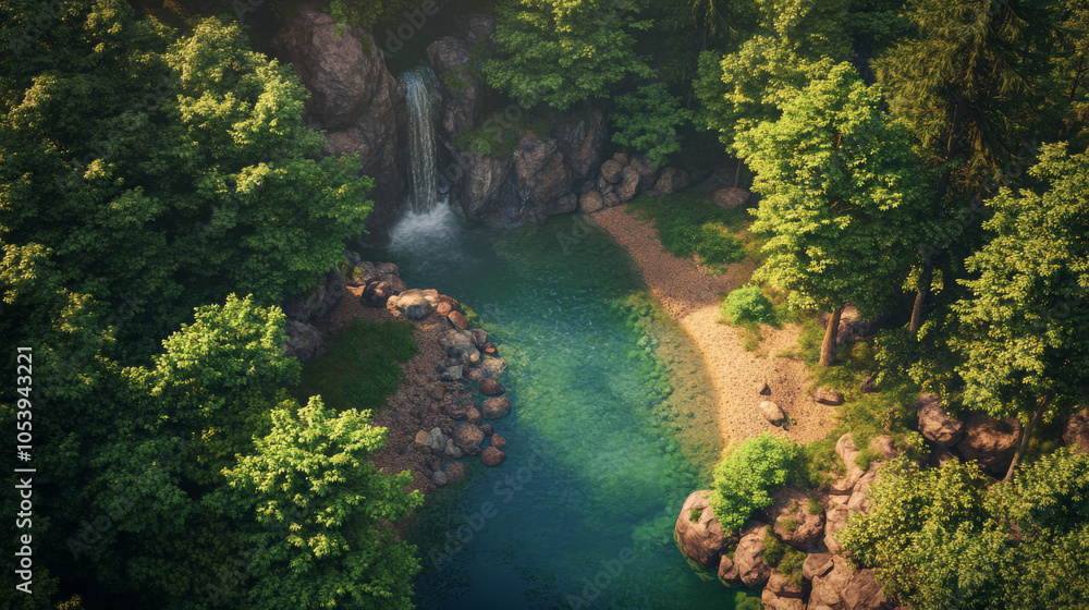 Overhead view of a serene forest clearing featuring a crystal-clear stream winding through, bordered by towering trees, with sunlight dappling the ground. Overhead view of a serene forest clearing featuring a crystal-clear stream winding through, bordered by towering trees, with sunlight dappling the ground.