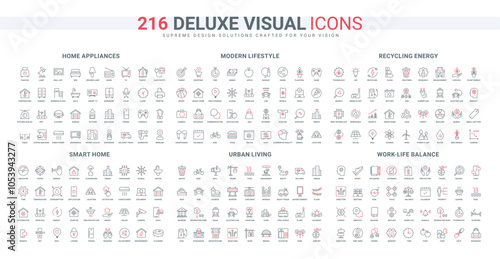 Work life balance of modern lifestyle, public city transport and buildings line icon set. New green technology and ecology protection mindset, thin black and red outline symbols vector illustration