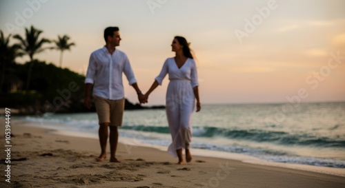 Couple walking hand in hand on tropical beach at sunset. photo