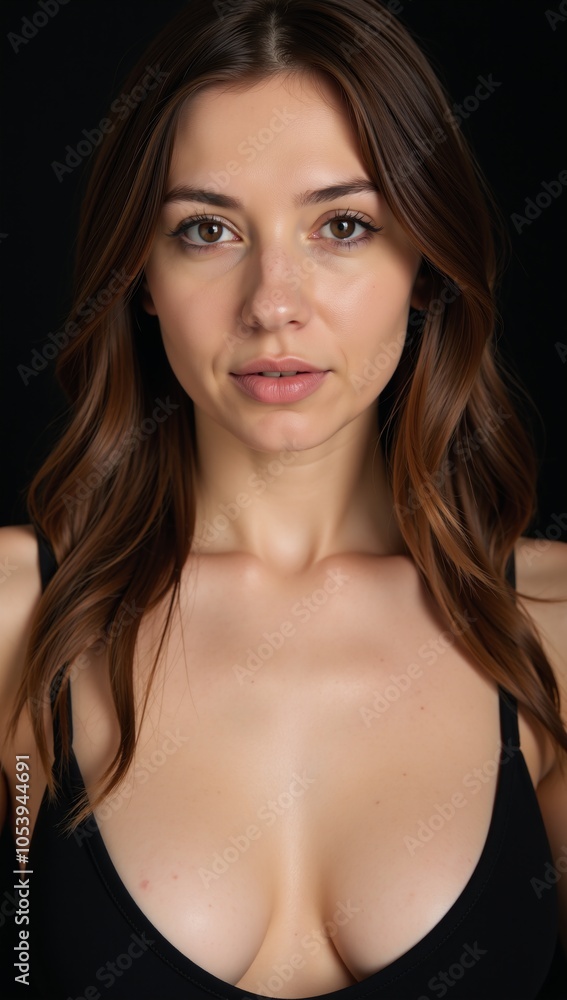 Obraz premium Woman posed in black bra long brown hair