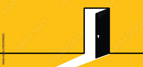 Cartoon open doors. Opened and closed wooden doors icon. Home or house entrance. Open door to room. Exit label concept. Push and Pull to open door. Doorknob with keyhole.