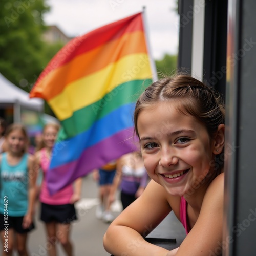 Portrait of a smiling LGBTQ individual non-binary bi or homo holding a rainbow flag during a Pride march photo