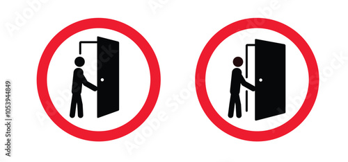 Keep door closed. Cartoon do not open the door. Opened and closed doors icon. Red prohibition, no entrance and exit sign. Alarm door, do not open.