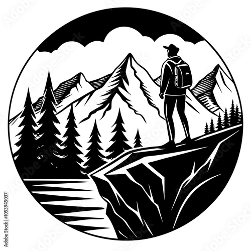 Hiker Silhouette on Cliff with Scenic Background