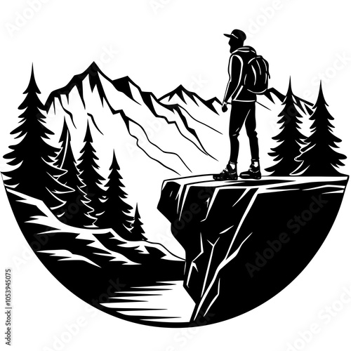 Hiker Silhouette on Cliff with Scenic Background