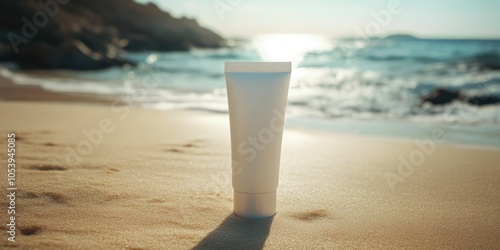 Sunscreen Lotion on Sandy Beach with Ocean View