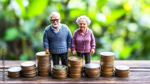 A miniature figure of an elderly couple standing on a stack of coins, symbolizing retirement planning and financial security, emphasizing the importance of saving and preparing for the future together photo