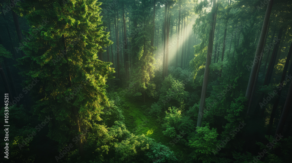 Fototapeta premium Overhead perspective of a peaceful forest clearing, surrounded by tall trees, sunlight dappling through the branches, creating a serene and inviting natural setting under soft light.