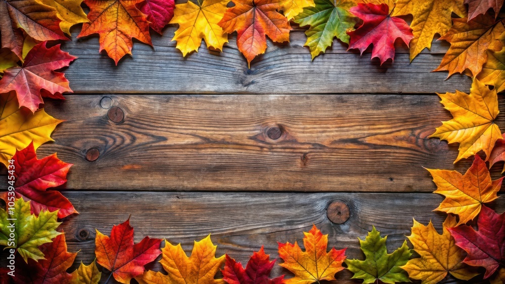 Obraz premium Colorful autumn leaves border on rustic wooden background for fall theme design
