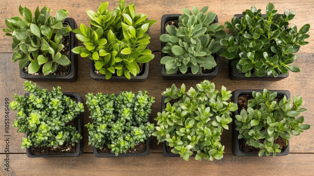 Obraz premium Variety of Green Plants in Black Pots on Wooden Table