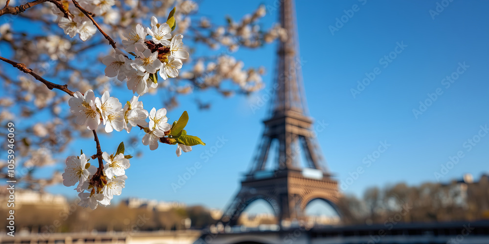 Beautiful Parisian cityscape with blooming flowers on a spring day. Springtime in Paris, France. Beautiful Parisian cityscape with blooming flowers on a spring day. Springtime in Paris, France.