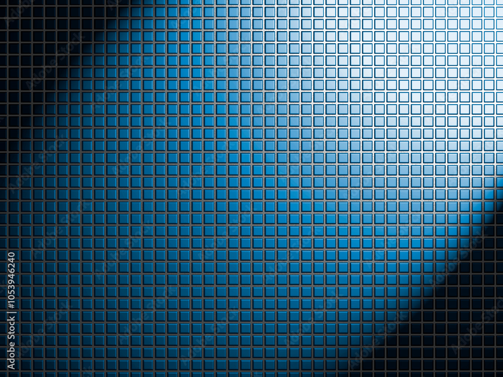 Fototapeta premium Background of small square blue tiles in a row, with light and shadows; Backgrounds