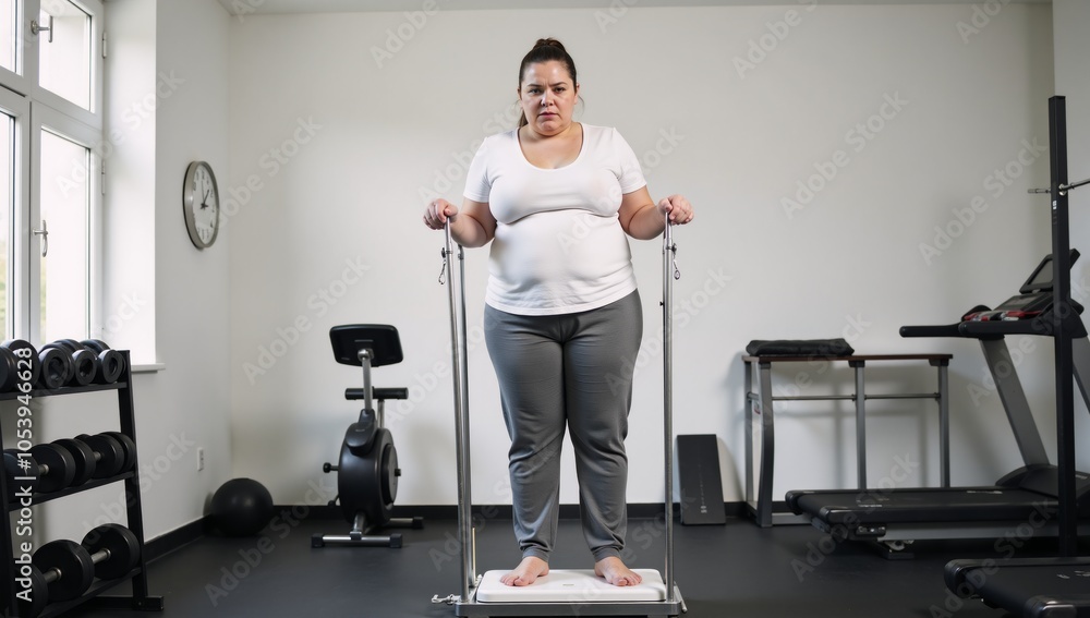 Fototapeta premium Disappointed overweight woman faces scale conveying diet-related struggle in a contemporary setting