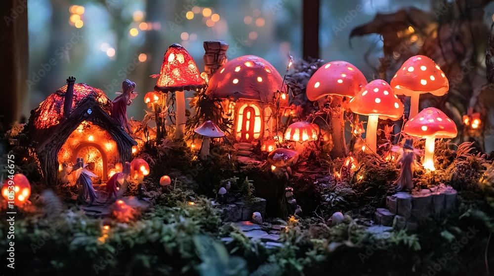 Fototapeta premium Halloween enchanted woodland with glowing mushrooms and fairies