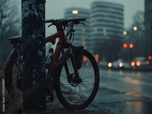 Bicycle locked to lamppost on city street photo