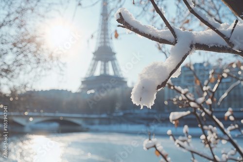 Fototapeta Naklejka Na Ścianę i Meble -  Beautiful Parisian cityscape with snow on a winter day. Winter in Paris, France.