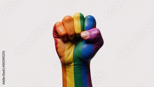 Rainbow-colored fist lifted in celebration of LGBTQ Pride photo