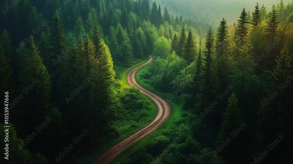 Obraz premium High-angle shot of a peaceful forest road, curving gracefully amid tall trees, with patches of light breaking through the branches in a soft, inviting glow.