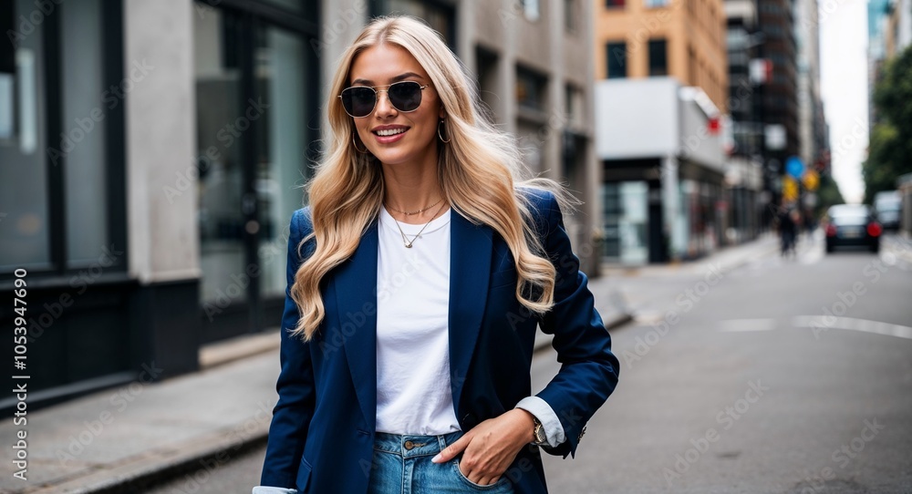Fototapeta premium Stylish Young Woman with Long Blond Hair in Casual Blazer and Sunglasses on Urban Street
