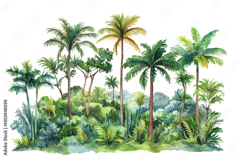 Fototapeta premium Lush Jungle Rainforest Trees Watercolor Cutout Collection for Nature Designs