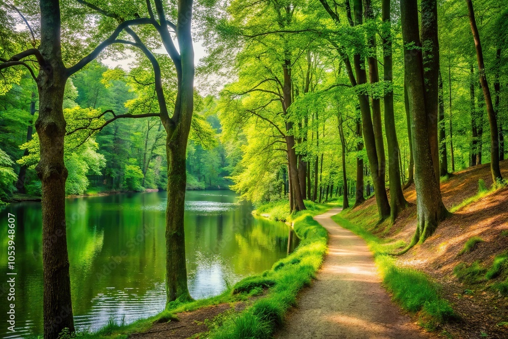 Fototapeta premium A lush green forest with tall trees and a winding path leading to a serene lake, landscape, nature, wilderness, forest, water