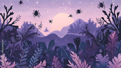 Halloween eerie lavender vector backdrop with playful spider illustrations photo