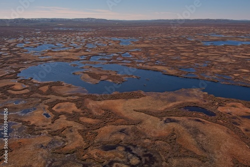 Tableau sur toile Aerial view of palsa mires at Ferdesmyra nature preserve in clear summer weather, Finnmark, Norway