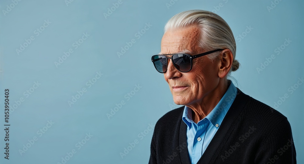 Gentle Elderly Man with Slicked Back White Hair in Black Cardigan and Sunglasses on Pale Blue Background Gentle Elderly Man with Slicked Back White Hair in Black Cardigan and Sunglasses on Pale Blue Background