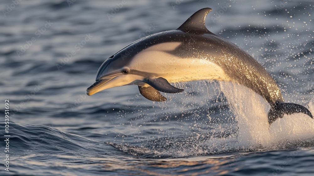 Obraz premium Majestic dolphin jumping from the ocean, warm sunset casting golden light on splashing water droplets.
