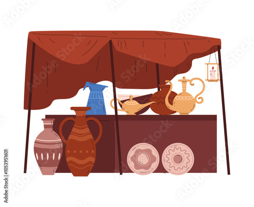 Oriental bazaar. Souk trade tent with handmade pottery antiques, vector Eastern marketplace awning with vases, plate jug