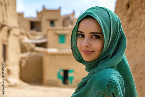 A Woman in a Green Hijab Stands in Front of Mud-Brick Buildings photo