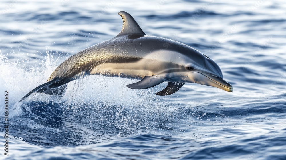 Fototapeta premium Majestic dolphin jumping from the ocean, warm sunset casting golden light on splashing water droplets.