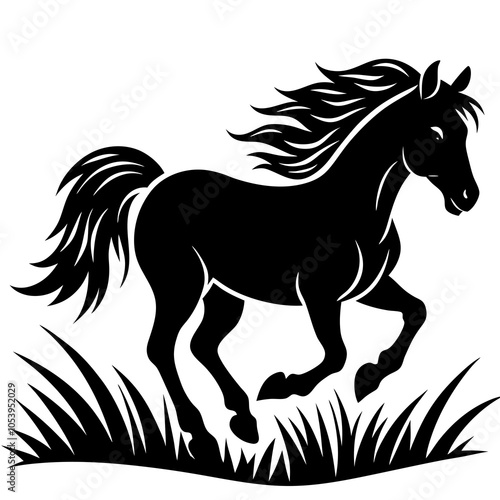 Galloping Horse Silhouette in a Grassy Field on White Background