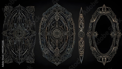 Neo-tribal year-two frames. futuristic abstract borders and a neotribal gothic form. elements of old cybersigilism design. Tattoos, emo oval forms for typography, and Celtic gothic body vintage orname