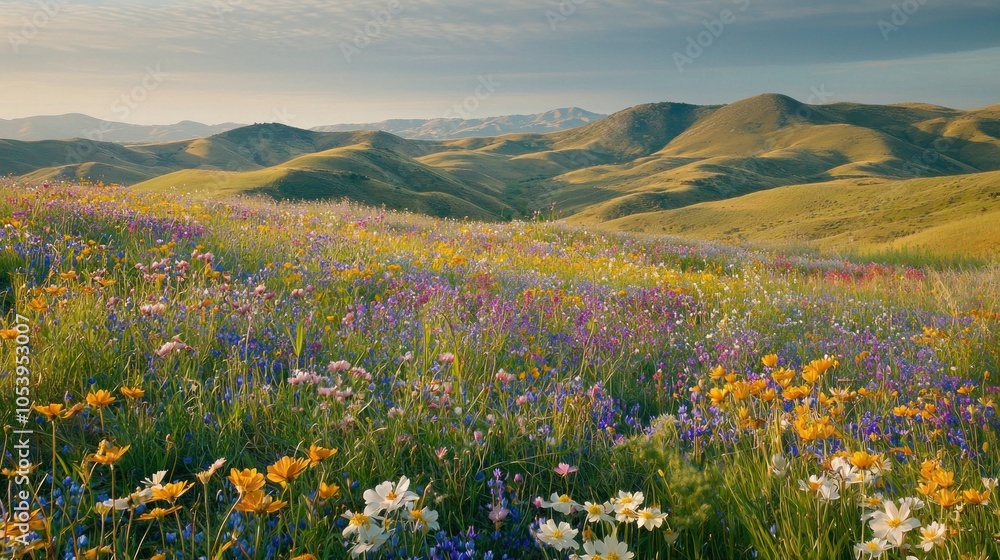 Fototapeta premium An expansive view of rolling hills covered in vibrant wildflowers during springtime. The foreground features a mix of colorful blossoms swaying gently in the breeze, leading the eye toward the