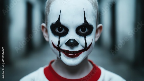 Sinister child with ghostly pale skin and black, smeared eye makeup, smiling unnervingly, set in a dimly lit, horrorthemed environment photo