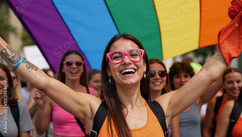 A joyful portrait depicting an LGBT pride parade featuring participants waving a rainbow flag to celebrate and advocate for the rights of diverse sexual orientations photo