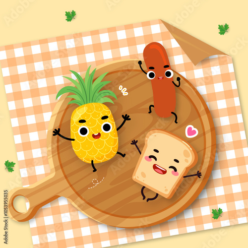 Cute cartoon illustration of a yellow pineapple by vegetables and Bread illustrations and sausage, top view on table Table cloth