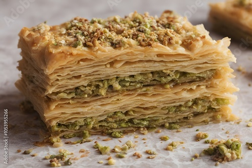 An intricate baklava tower with flaky golden layers of filo pastry and a drizzle of honey and pistachio, AI Generated photo