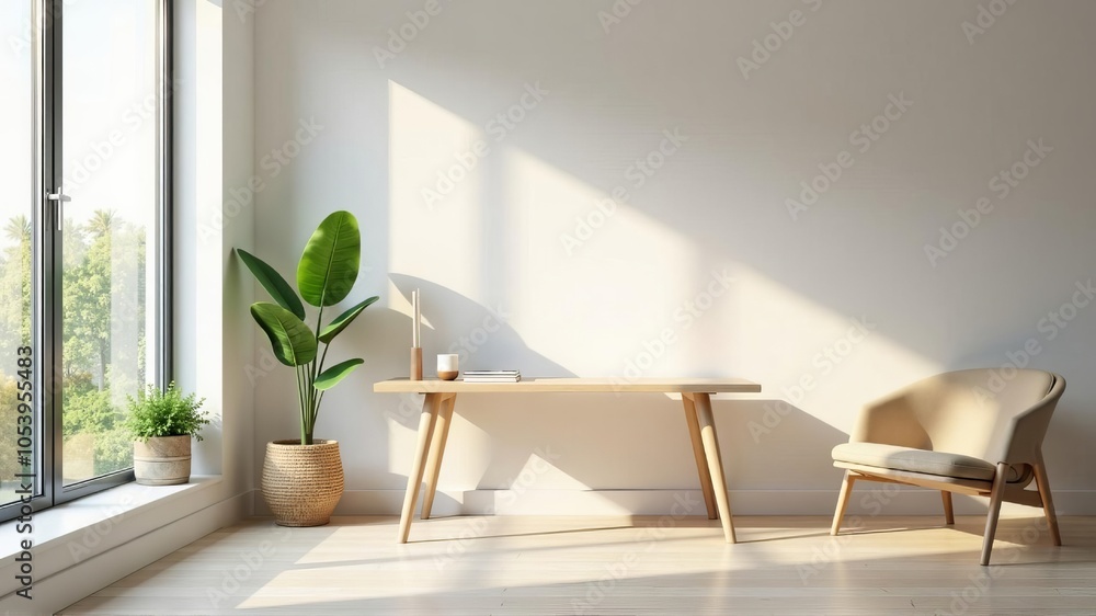 Fototapeta premium The interior of a modern office with fresh flowers and wood elements. Large panoramic windows in the interior. A desk in the office.