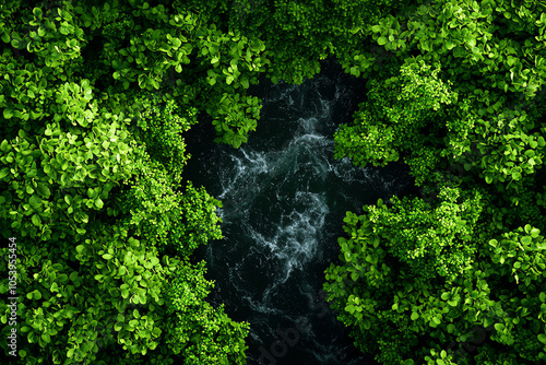 Birdseye view of interlocking streams and forests, symbolizing ecosystem networks and cycles of water flow