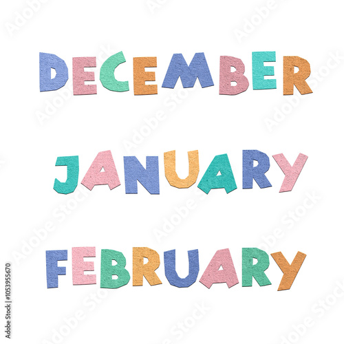 Lettering word December, January, February. Paper cut letters. Winter decorative element for banners, posters, Cards.