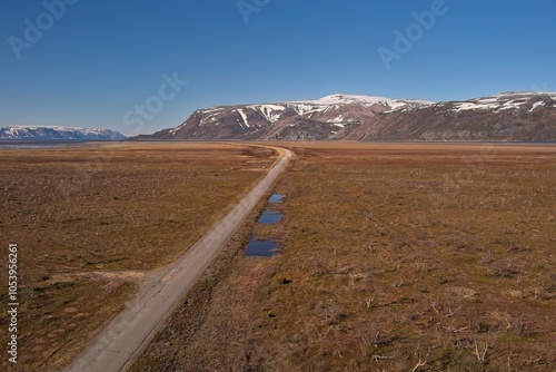 Aerial view of Austertanaveien road 890 in clear summer weather, Varanger Peninsula, Norway. photo