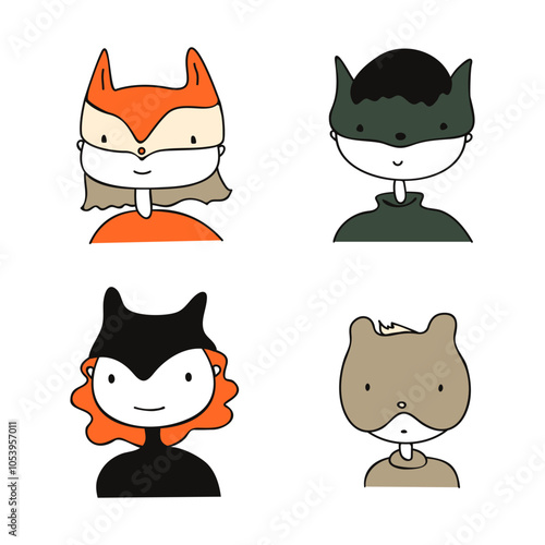 Four icons with cute young people in animal costumes. Icons with furry in orange, beige, black and greyish colours